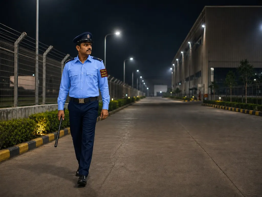 Three Eyes Security Services guard on perimeter patrol with torch