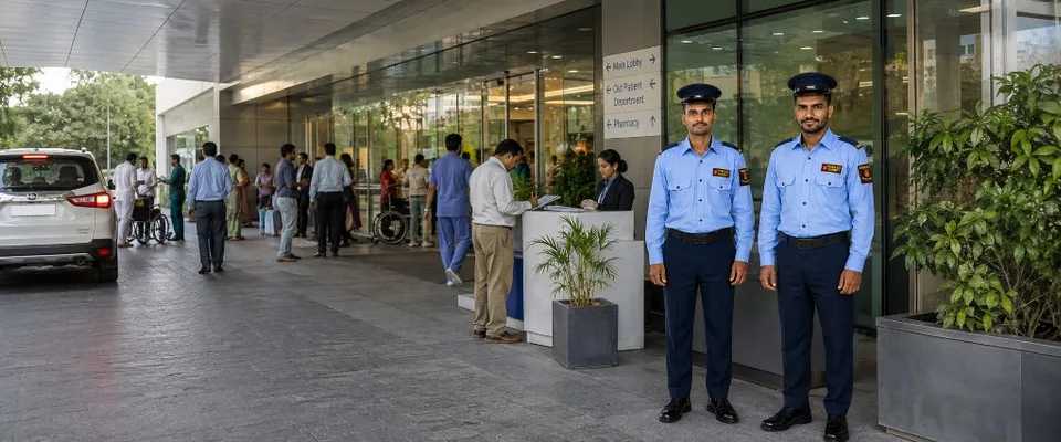 Hospital security guard outside emergency department entrance