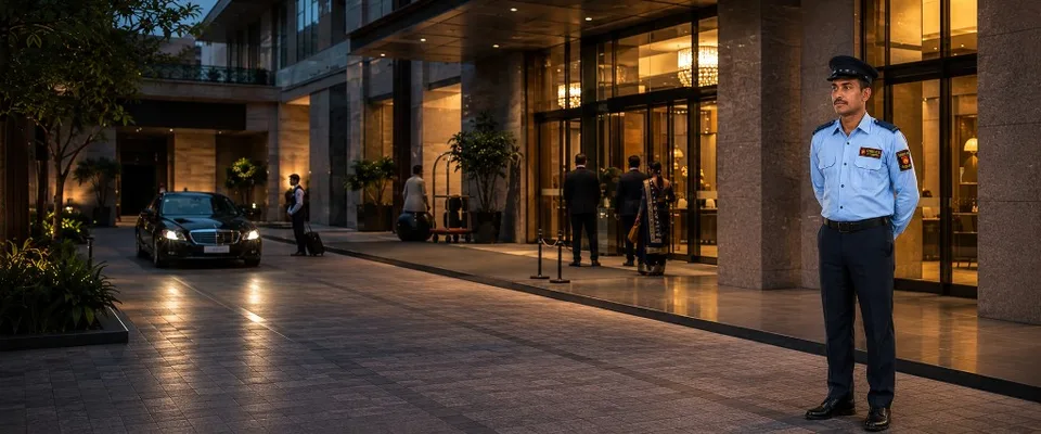 Hotel and resort security guard welcoming guests at luxury property entrance