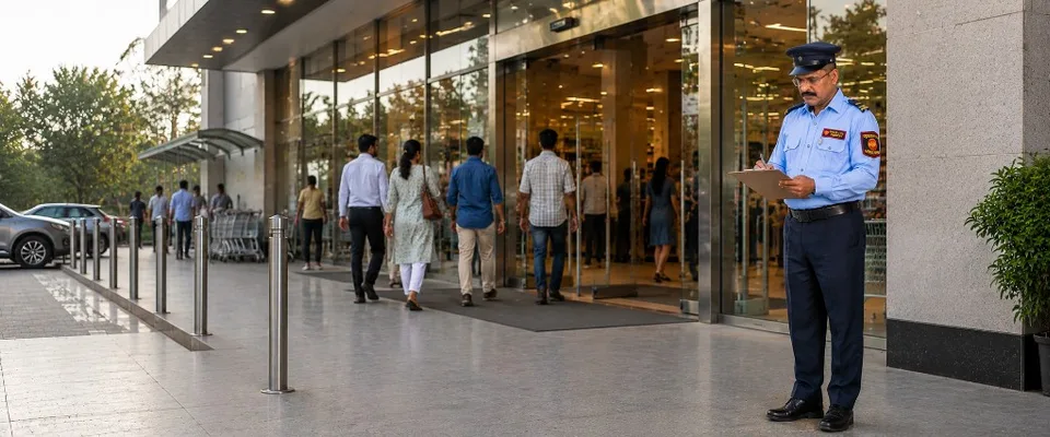 Retail store security guard greeting customers at showroom entrance