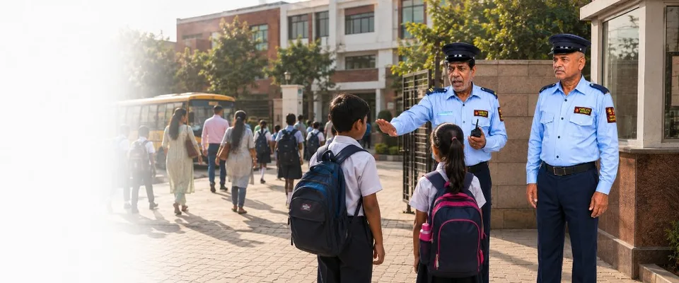 School campus security guard at educational institution gate