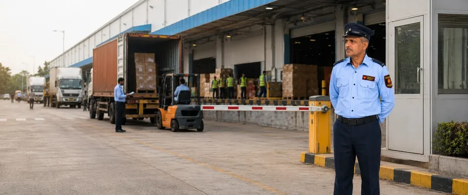 Warehouse and logistics security guard at loading dock facility